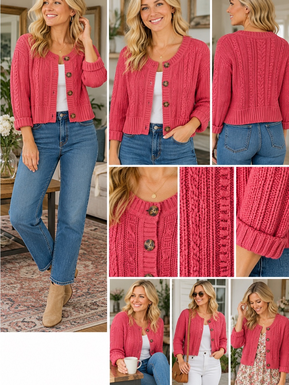 Eddie Bauer Coral Pink Petite XL Cropped Chunky Cable Knit Cardigan Sweater #32